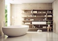 Modern scandinavian style bathroom interior with shelves and bathtub with beige tones.Macro.AI Generative Royalty Free Stock Photo