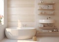 Modern scandinavian style bathroom interior with shelves and bathtub with beige tones.Macro.AI Generative Royalty Free Stock Photo
