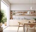 Modern scandinavian style interior design of kitchen, wooden dining table and chairs. Created with generative AI Royalty Free Stock Photo