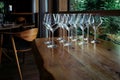 Modern scandinavian farmhouse contemporary rustic restaurant interior with wine glasses, selective focus