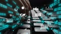 Futuristic Digital Technology Concept with Hands Typing on Keyboard Surrounded by Data Visualization Graphs and Royalty Free Stock Photo