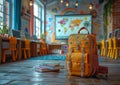 Modern school classroom with a brightly colored backpack of a schoolboy Royalty Free Stock Photo