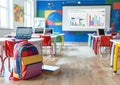 Modern school classroom with a brightly colored backpack of a schoolboy Royalty Free Stock Photo