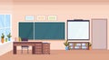 Modern school classroom interior chalk board teacher desk empty no people horizontal banner flat