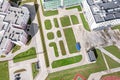 Modern school complex in residential area. school courtyard with recreation area. aerial view Royalty Free Stock Photo