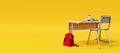 Modern school desk with school accessories and red backpack on honey yellow background, learning and doing homework concept