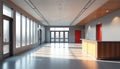 Modern school entrance lobby with reception desk, security features. Sunlight streams through large windows, creating welcoming, Royalty Free Stock Photo