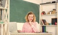 Modern school. Woman work online. Distance teaching. Teachers forum. Educator surfing internet. Communication social Royalty Free Stock Photo