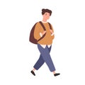 Modern schoolboy with backpack go to elementary school vector flat illustration. Cheerful male pupil or student smiling