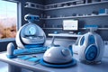 Modern sci-fi futuristic interior blue white office design. Futuristic conference room interior. Workplace and corporate concept. Royalty Free Stock Photo