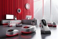 Modern sci-fi futuristic interior red office design. Futuristic conference room interior. Workplace and corporate concept. Smart Royalty Free Stock Photo