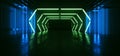 Modern Sci Fi Futuristic Neon Green Blue Fluorescent Electric Laser Lights Vibrant Tunnel Hangar Empty Showcase Showroom Cyber