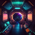 Modern sci-fi space design of spaceship control panel room. Bright colors corridor inside future spacecraft Royalty Free Stock Photo