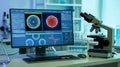 Modern Science Lab with Microscope and Computer Displaying Cellular Research Information Royalty Free Stock Photo