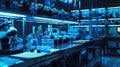 Modern science laboratory interior with blue lighting, featuring microscopes Royalty Free Stock Photo