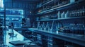 Modern science laboratory interior with blue lighting, featuring microscopes Royalty Free Stock Photo