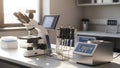 Modern Science Laboratory with Microscope, Pipettes, and Digital Display Royalty Free Stock Photo