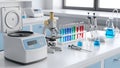 Modern Science Laboratory Setup with Equipment Centrifuge, Microscope, Test Tubes, Pipettes and Flasks Royalty Free Stock Photo