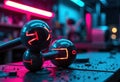 Neon-lit futuristic science model with glowing spheres and vibrant colors Royalty Free Stock Photo