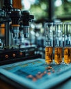 Modern scientific lab setup with test tubes, amber liquid, data sheet, and microscope for research. Royalty Free Stock Photo