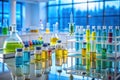 A modern scientific laboratory featuring various colorful chemical samples in glass containers and vials on a reflective surface. Royalty Free Stock Photo