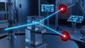 Two lasers pointing at a central glass cube in a high-tech science laboratory. Royalty Free Stock Photo