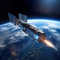 Modern scientific space satellite at the Earth orbit. Royalty Free Stock Photo
