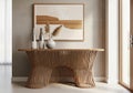 Modern sculptural console table with abstract artwork creates an elegant entryway focal point Royalty Free Stock Photo