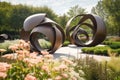 modern sculpture garden featuring sleek and abstract sculptures among blooming flowers
