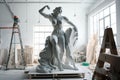 Modern sculpture in the making in a big bright studio. Generative Ai