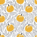 Modern seamless floral pattern with pumpkins and contour leaves.