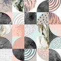 Modern seamless geometric pattern: semicircles, circles, squares, grunge, marble, watercolor textures, doodles. Royalty Free Stock Photo