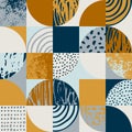 Modern seamless geometric pattern: semicircles, circles, squares, grunge textures, doodles