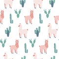 Modern seamless hand drawn pattern with alpacas and cacti. Childish texture.