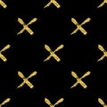 Modern seamless pattern with brush shiny cross. Gold metallic color on black background. Golden glitter texture. Ink Royalty Free Stock Photo