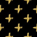 Modern seamless pattern with brush shiny cross. Gold metallic color on black background. Golden glitter texture. Ink Royalty Free Stock Photo