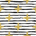 Modern seamless pattern with brush stripes and cross.Black, Gold metallic color on white background. Golden glitter Royalty Free Stock Photo