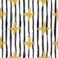 Modern seamless pattern with brush stripes and cross.Black, Gold metallic color on white background. Golden glitter Royalty Free Stock Photo