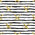 Modern seamless pattern with brush stripes and cross.Black, Gold metallic color on white background. Golden glitter Royalty Free Stock Photo