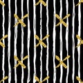 Modern seamless pattern with brush stripes and cross. White, gold metallic color on black background. Golden glitter Royalty Free Stock Photo