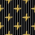 Modern seamless pattern with brush stripes and cross. White, gold metallic color on black background. Golden glitter Royalty Free Stock Photo