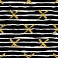 Modern seamless pattern with brush stripes and cross. White, gold metallic color on black background. Golden glitter Royalty Free Stock Photo