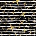 Modern seamless pattern with brush stripes and cross. White, gold metallic color on black background. Golden glitter