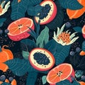 modern seamless pattern featuring a mix of sliced papaya and dragon fruit