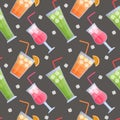 Modern seamless pattern with glasses of bright tasty cocktails. Healthy lifestyle, freshly squeezed juices. Ice cubes. Vector Royalty Free Stock Photo