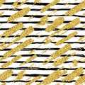 Modern seamless pattern with glitter brush stripes and strokes. Golden, black color on white background. Hand painted Royalty Free Stock Photo