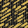 Modern seamless pattern with glitter brush stripes and strokes. Golden, white color on black background. Hand painted Royalty Free Stock Photo