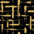 Modern seamless pattern with glitter brush stripes and strokes plaid. Golden color on black background. Hand painted Royalty Free Stock Photo