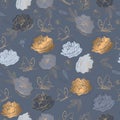 Modern seamless pattern with grey, gold spring flowers and butterflies.