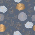 Modern seamless pattern with grey and gold spring flowers.